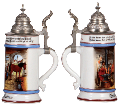 Two porcelain steins, .5L, transfer & hand-painted, Occupational Schuhmacher [Shoemaker], pewter lid, faint lithophane line, otherwise mint; with, transfer & hand-painted, Occupational Schmiede [Blacksmith], pewter lid, faint lithophane line, otherwise mi - 3
