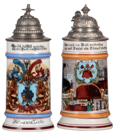 Two porcelain steins, .5L, transfer & hand-painted, Occupational Müller [Miller], pewter lid, mint; with, transfer & hand-painted, Occupational Bierbrauerei [Brewer], pewter lid, mint.