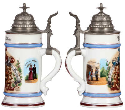 Two porcelain steins, .5L, transfer & hand-painted, Occupational Müller [Miller], pewter lid, mint; with, transfer & hand-painted, Occupational Bierbrauerei [Brewer], pewter lid, mint. - 2