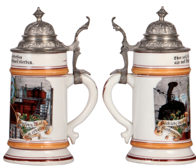 Two porcelain steins, .5L, transfer & hand-painted, Occupational Müller [Miller], pewter lid, mint; with, transfer & hand-painted, Occupational Bierbrauerei [Brewer], pewter lid, mint. - 3