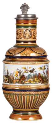 Porcelain stein, 1.2L, 11.4” ht., transfer and hand-painted, marked with scepter K.P.M., Königliche Porzellan-Manufaktur Berlin, hunting scene around body, pewter lid, pewter tear repaired, otherwise mint.