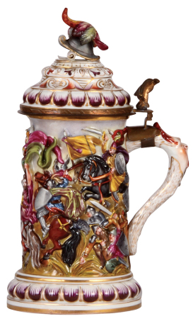 Porcelain stein, 1.0L, 10.1" ht., relief & hand-painted, marked crown & N., Capo-di-Monte, porcelain inlaid lid, mint.