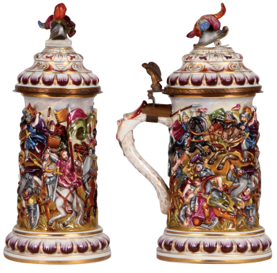 Porcelain stein, 1.0L, 10.1" ht., relief & hand-painted, marked crown & N., Capo-di-Monte, porcelain inlaid lid, mint. - 2