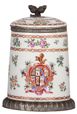 Porcelain stein, 1.0L, hand-painted, Samson Ceramics mark, late 1800s, metal mounts could be a later addition, porcelain inlaid lid, small areas of damage on body where handle is mounted. 