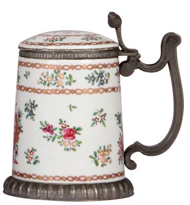 Porcelain stein, 1.0L, hand-painted, Samson Ceramics mark, late 1800s, metal mounts could be a later addition, porcelain inlaid lid, small areas of damage on body where handle is mounted.  - 2