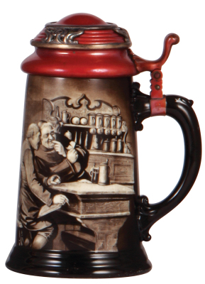 Porcelain stein, .5L, marked C.A.C., Lenox, hand-painted, Monks, copper and silver lid, mint.