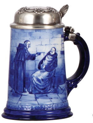 Porcelain stein, .5L, marked C.A.C., Lenox, hand-painted, Monks, sterling silver lid, mint. 