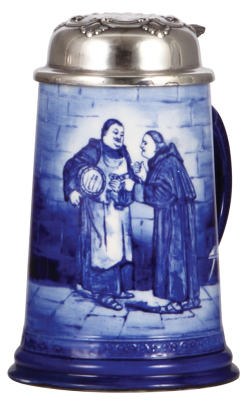 Porcelain stein, .5L, marked C.A.C., Lenox, hand-painted, Monks, sterling silver lid, good base repair.
