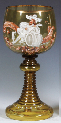 Glass goblet, 11.3'' ht., blown, amber, hand-painted, Landsknecht, mint.