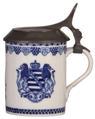 Porcelain stein, .5L, hand-painted, Meissen, crossed swords mark, 1710 - 1910, pewter lid, mint.