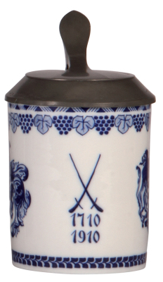 Porcelain stein, .5L, hand-painted, Meissen, crossed swords mark, 1710 - 1910, pewter lid, mint. - 2