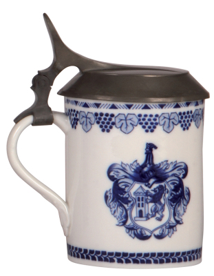 Porcelain stein, .5L, hand-painted, Meissen, crossed swords mark, 1710 - 1910, pewter lid, mint. - 3