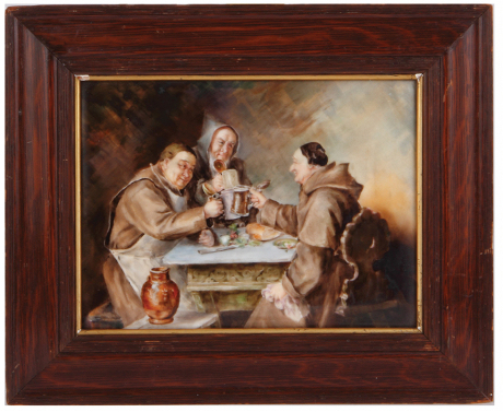 Porcelain plaque, 9.5'' x 7.2'', frame 13.4'' x 11.0'', hand-painted, marked T & V France, [Tressemann & Vogt], Edward v. Grützner style, monks, porcelain mint, wood frame has wear.