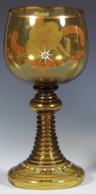 Glass goblet, 11.3'' ht., blown, amber, hand-painted, Landsknecht, mint. - 2