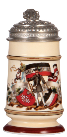 Porcelain stein, .5L, transfer & hand-painted, Gut Heil, fantastic relief pewter lid, lithophane, a little wear on sides, otherwise mint. 