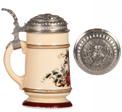 Porcelain stein, .5L, transfer & hand-painted, Gut Heil, fantastic relief pewter lid, lithophane, a little wear on sides, otherwise mint.  - 3