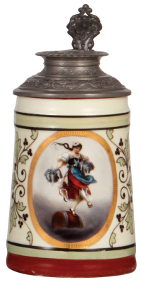 Porcelain stein, .5L, transfer & hand-painted, Braulisl, pewter lid, mint. 