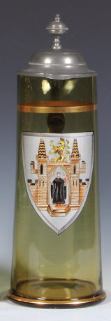 Glass stein, 2.0L, 13.4" ht., blown, amber, hand-painted, monk & castle, pewter lid, mint.