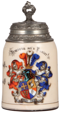 Porcelain stein, .5L, transfer & hand-painted, Arminia sei's Panier!, Bonn 1893, pewter lid, a little base wear, otherwise mint. 
