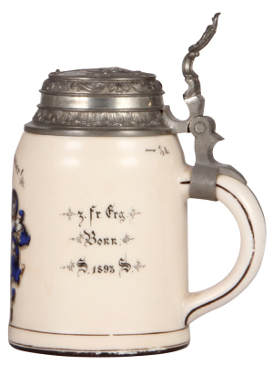 Porcelain stein, .5L, transfer & hand-painted, Arminia sei's Panier!, Bonn 1893, pewter lid, a little base wear, otherwise mint.  - 2