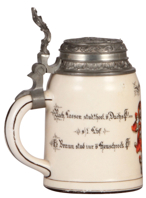 Porcelain stein, .5L, transfer & hand-painted, Arminia sei's Panier!, Bonn 1893, pewter lid, a little base wear, otherwise mint.  - 3