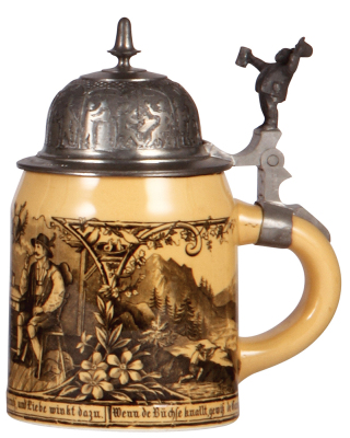 Pottery stein, .5L, transfer marked Sarreguemines, pewter lid: silhouette decoration, mint.  - 2