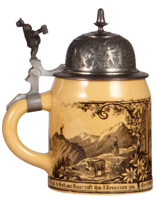 Pottery stein, .5L, transfer marked Sarreguemines, pewter lid: silhouette decoration, mint.  - 3