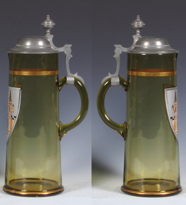 Glass stein, 2.0L, 13.4" ht., blown, amber, hand-painted, monk & castle, pewter lid, mint. - 2