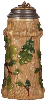 Mettlach stein, .5L, relief, tree trunk, early ware, inlaid lid, small piece missing from inlay.