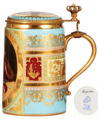 Porcelain stein, .5L, hand-painted, marked with Beehive, Royal Vienna type, Zufrieden!, in the style of Edward v. Grützner, porcelain inlaid lid with scenes inside & outside, mint. - 2