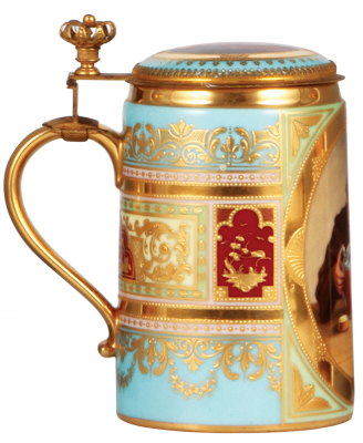 Porcelain stein, .5L, hand-painted, marked with Beehive, Royal Vienna type, Zufrieden!, in the style of Edward v. Grützner, porcelain inlaid lid with scenes inside & outside, mint. - 3