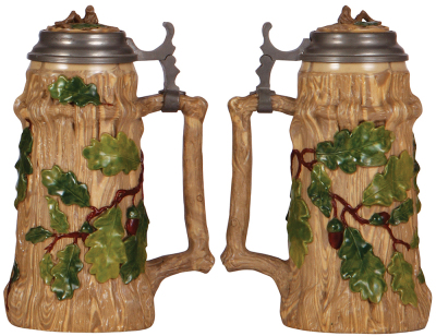 Mettlach stein, .5L, relief, tree trunk, early ware, inlaid lid, small piece missing from inlay. - 2