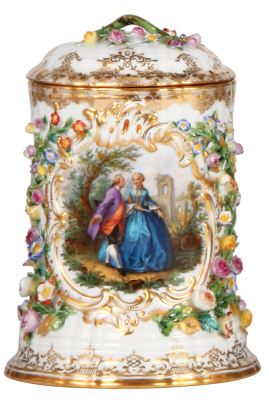 Meissen porcelain stein, 6.9" ht., 1.0L, hand-painted, Meissen crossed swords mark, c.1880, relief floral decoration, central scene of a young couple, inside lid scene of Pillnitz, some small flakes on figural flowers, otherwise mint. 