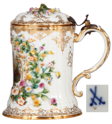 Meissen porcelain stein, 6.9" ht., 1.0L, hand-painted, Meissen crossed swords mark, c.1880, relief floral decoration, central scene of a young couple, inside lid scene of Pillnitz, some small flakes on figural flowers, otherwise mint.  - 2