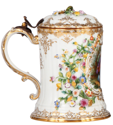 Meissen porcelain stein, 6.9" ht., 1.0L, hand-painted, Meissen crossed swords mark, c.1880, relief floral decoration, central scene of a young couple, inside lid scene of Pillnitz, some small flakes on figural flowers, otherwise mint.  - 3