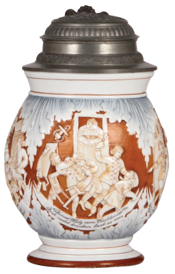 Porcelain stein, 1.0L, relief, elaborate Gasthaus scenes, pewter lid, mint. 