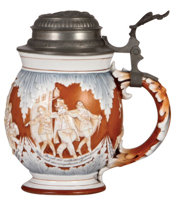 Porcelain stein, 1.0L, relief, elaborate Gasthaus scenes, pewter lid, mint.  - 2