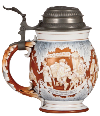 Porcelain stein, 1.0L, relief, elaborate Gasthaus scenes, pewter lid, mint.  - 4