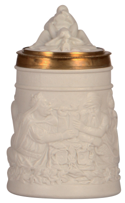 Porcelain stein, .5L, indistinct R.P.M. mark, relief, drinking & smoking scene, Monk & Devil fornicating on inlaid lid, mint.