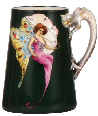 Porcelain mug, .5L, transfer & hand-painted, marked L, Belleek [green mark], made by Lenox, Art Nouveau Woman, dragon handle, mint.    