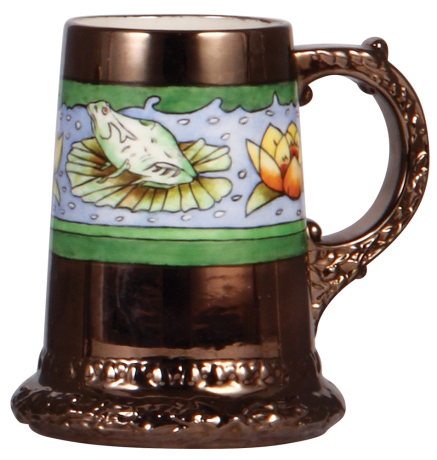 Porcelain mug, .5L, transfer & hand-painted, marked C.A.C., Belleek [green mark], made by Lenox, Art Nouveau, Frogs & Flowers, mint.    