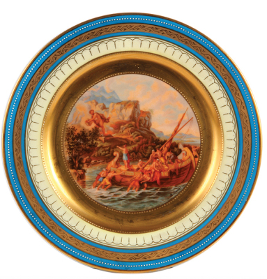 Four porcelain plates, 10.1” d., transfer and hand–painted, marked with Beehive, Royal Vienna, Odysseus and Hermes, Odysseus and Kyklope, Odysseus and Telemachos, Odysseus and Kalypso, a little gold wear, otherwise very good condition. - 3
