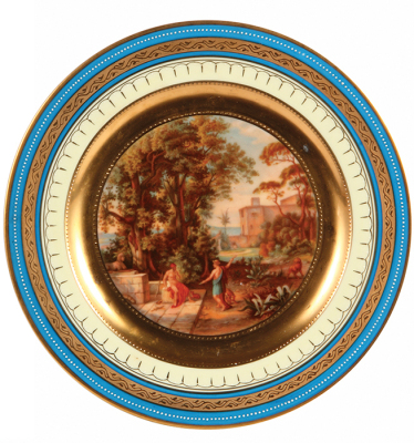 Four porcelain plates, 10.1” d., transfer and hand–painted, marked with Beehive, Royal Vienna, Odysseus and Hermes, Odysseus and Kyklope, Odysseus and Telemachos, Odysseus and Kalypso, a little gold wear, otherwise very good condition. - 4