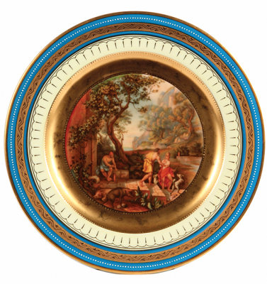 Four porcelain plates, 10.1” d., transfer and hand–painted, marked with Beehive, Royal Vienna, Odysseus and Hermes, Odysseus and Kyklope, Odysseus and Telemachos, Odysseus and Kalypso, a little gold wear, otherwise very good condition. - 5