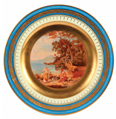 Four porcelain plates, 10.1” d., transfer and hand–painted, marked with Beehive, Royal Vienna, Odysseus and Hermes, Odysseus and Kyklope, Odysseus and Telemachos, Odysseus and Kalypso, a little gold wear, otherwise very good condition. - 6