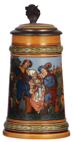 Mettlach stein, .5L, 2501, etched, by F. Quidenus, inlaid lid, factory blister on top rim is partially repaired.
