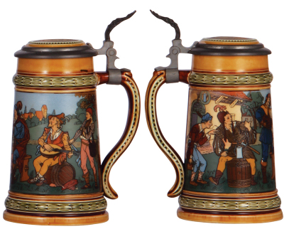 Mettlach stein, .5L, 2501, etched, by F. Quidenus, inlaid lid, factory blister on top rim is partially repaired. - 2