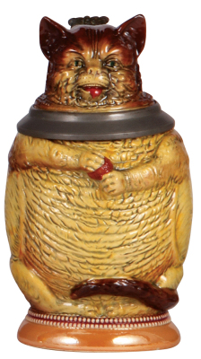 Character stein, .5L, pottery, by Diesinger, 701, Cat, color on lid re-glazed.