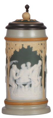 Mettlach stein, .5L, 2628, cameo, by Stahl, inlaid lid, hairline on body at handle attachments.