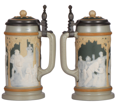 Mettlach stein, .5L, 2628, cameo, by Stahl, inlaid lid, hairline on body at handle attachments. - 2